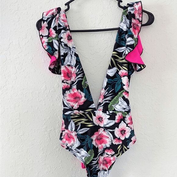 Women's SheIn One Piece Bathing Suit Monokini Ruffle Deep Plunge Small Tropical - Picture 2 of 9